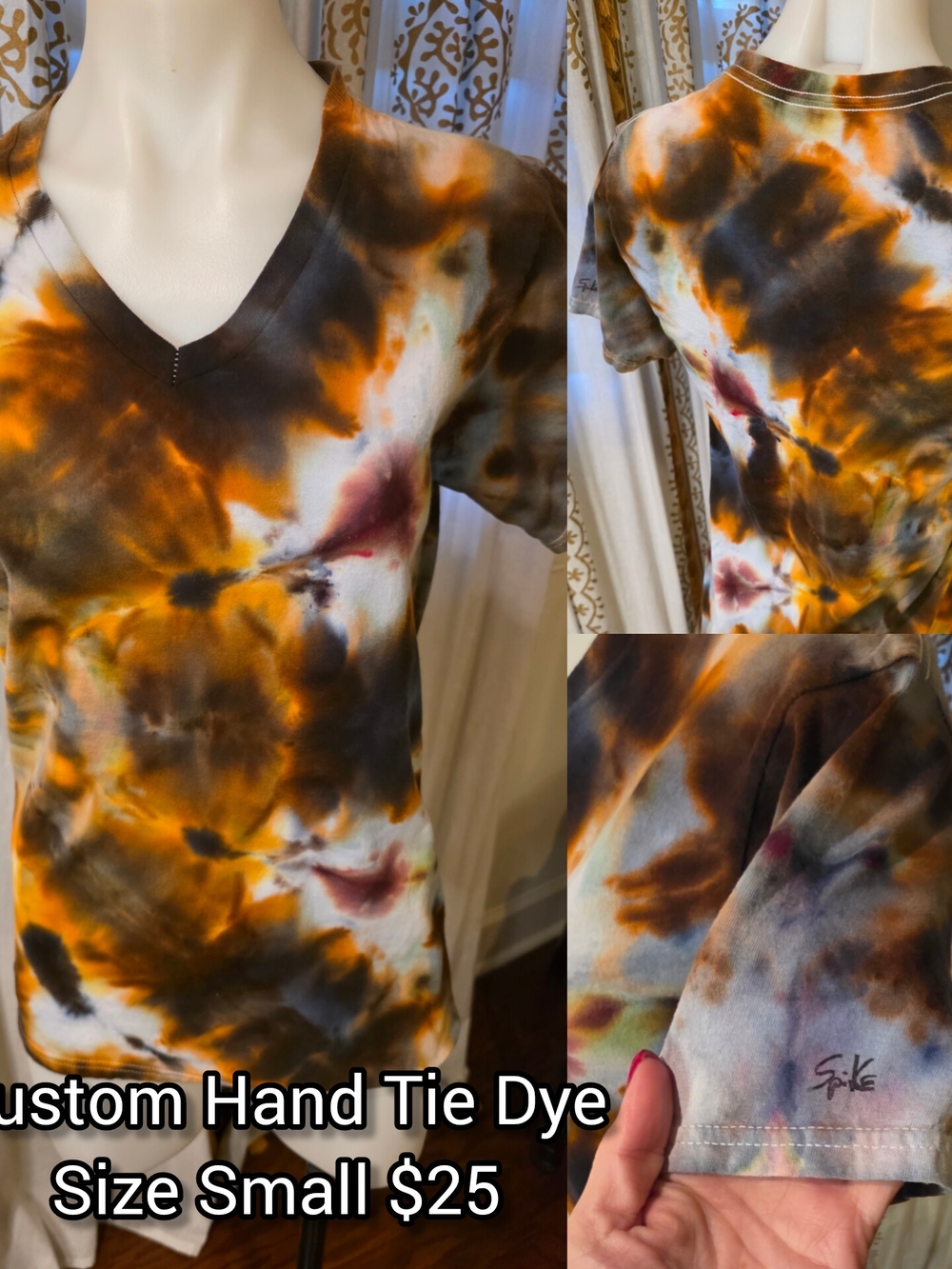Hand-Tie Dye V-Neck Unisex Top in Orange & Brown